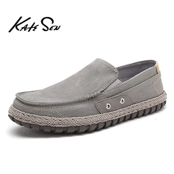 

KATESEN 2020 summer canvas men shoes breathable casual driving shoes slip easy to wear men's flat shoes soft big size loafers
