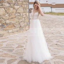

Elegant Boho A Line Wedding Dresses 2021 Lace Appliques V Neck Sleeveless Backless For Women Robe De Soirée De Mariage Custom