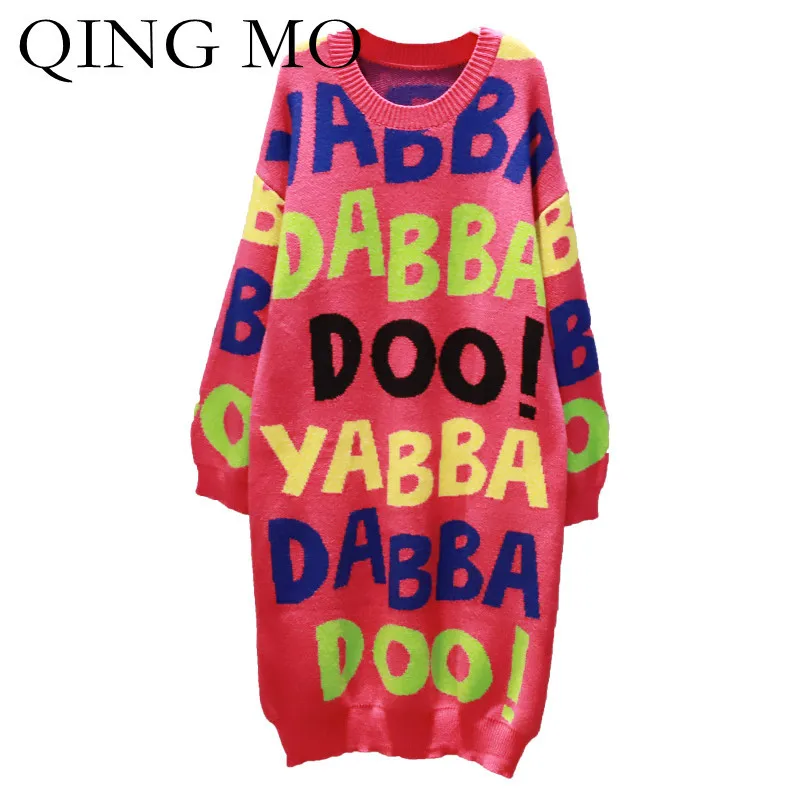 QING MO Letter Pattern Round Neck Knitted Sweater Dress Women 2021 Autumn New Fashion Loose Large Size Black Green ZWL790 | Женская