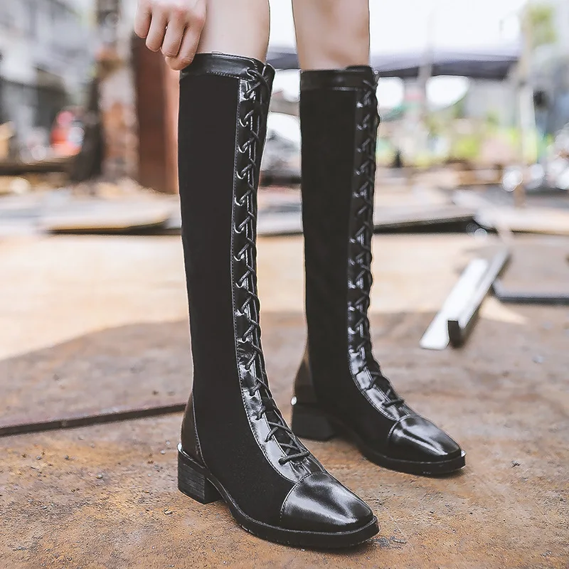 

HEE GRAND Women Winter Knee-High Boot Pointed Toe Lace-Up Warm Shoes Knight Boots Female Motorcycle Boots XWX7432