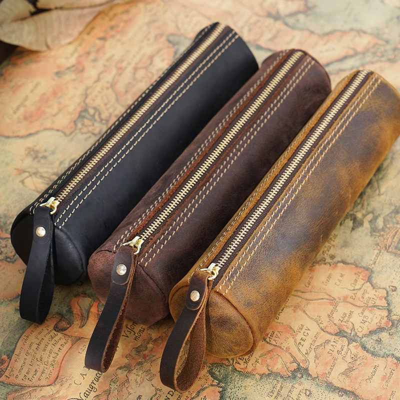 

Nature Cow Leather Zipper Pencil Bag Fashion Leather Pen Bag Office School Supplies Gift