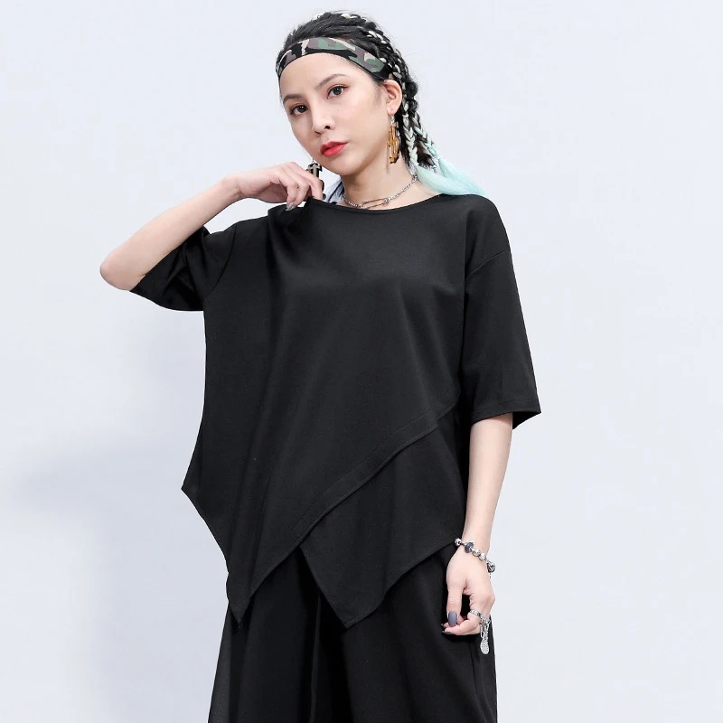 [EAM] Women Black Irregular Big Size T-shirt New Round Neck Three-quarter Sleeve  Fashion Tide  Spring Summer 2020 1Z356