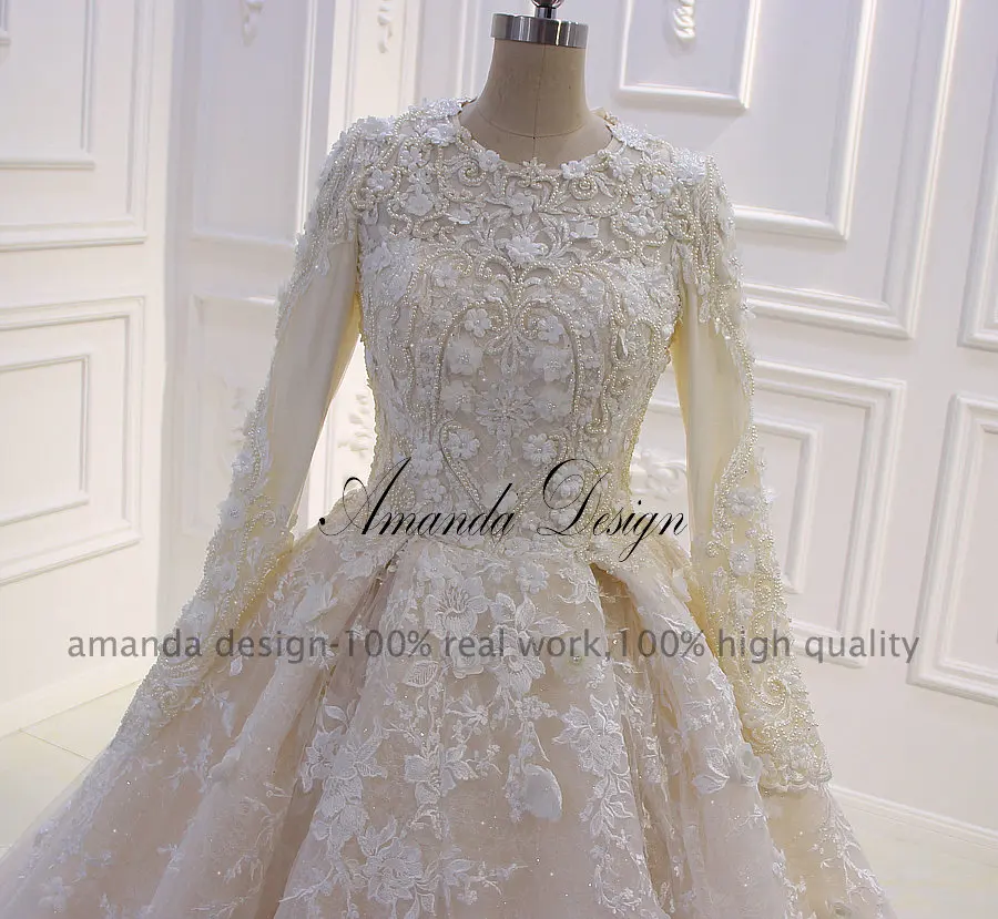 Аманда дизайн халат mariee длинный рукав кружева аппликация ручной работы свадебное платье с цветами