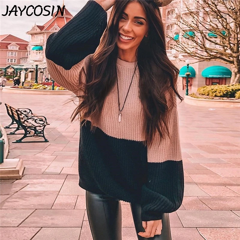 

JAYCOSIN Women Sweaters 2019 Autumn Winter Patchwork O-Neck Sweater Lantern Sleeve Knitwear Long Sweater Pullovers Tops jy24
