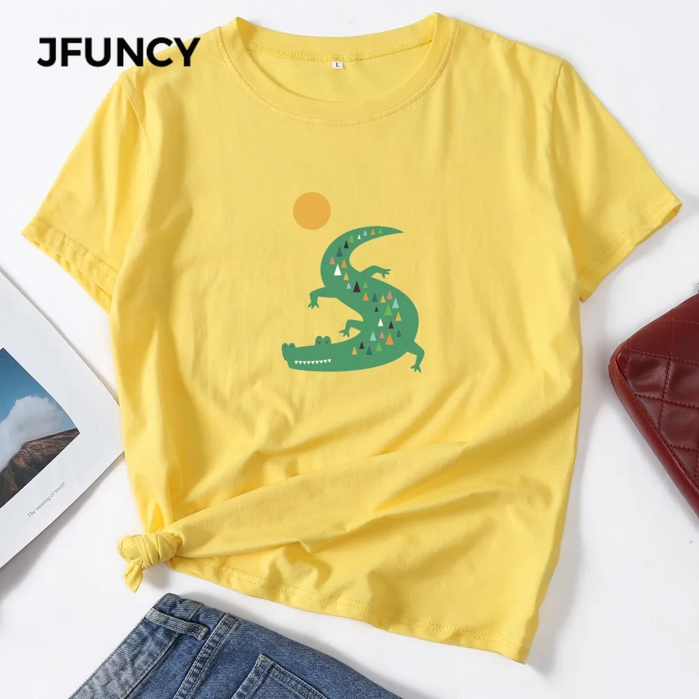 

JFUNCY Plus Size 5XL Summer Women Cotton T Shirts Funny Crocodile Cartoon Printed Vogue Tshirt Female T-shirt Woman Tops Tee