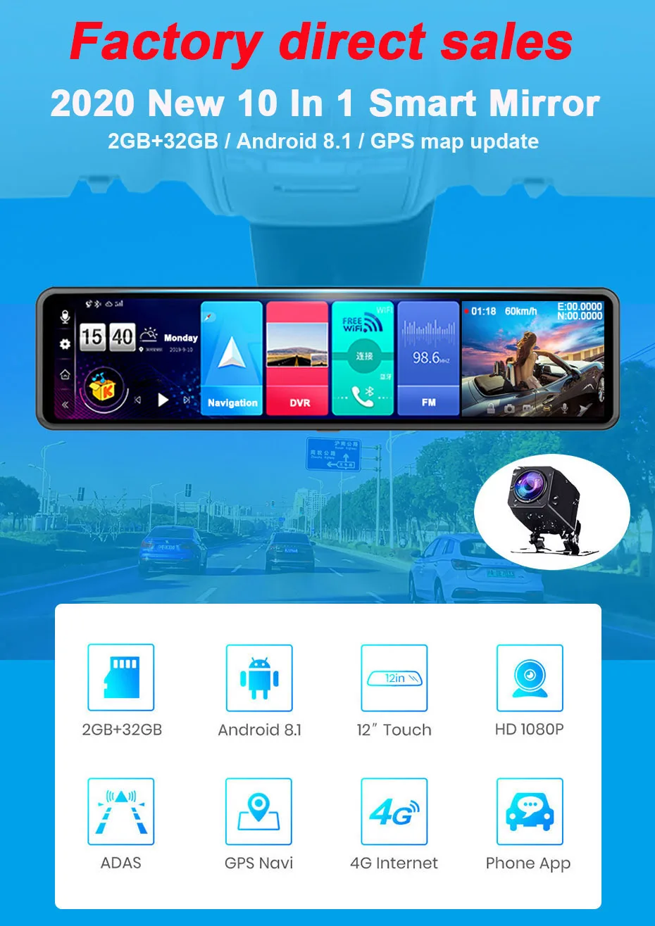 WHEXUNE 1" ips зеркало заднего вида 4G Android 8,1 Автомобильная камера gps навигация 2G ram 32G rom ADAS FHD 1080P видеорегистратор