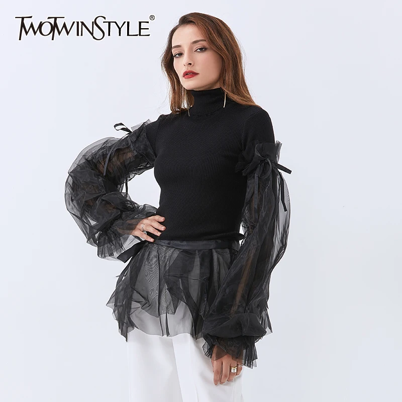 

TWOTWINSTYLE Designer Sweater For Women Turtleneck Patchwork Lantern Long Sleeve Slim Pullovers Sweaters Female 2020 New Clothes