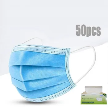 

blue Face Mask 50 pcs Adults Meltblown Non-woven Disposable Mouth face Mask 3 Layers Ply Filter Earloops mouth mask Mondkapjes