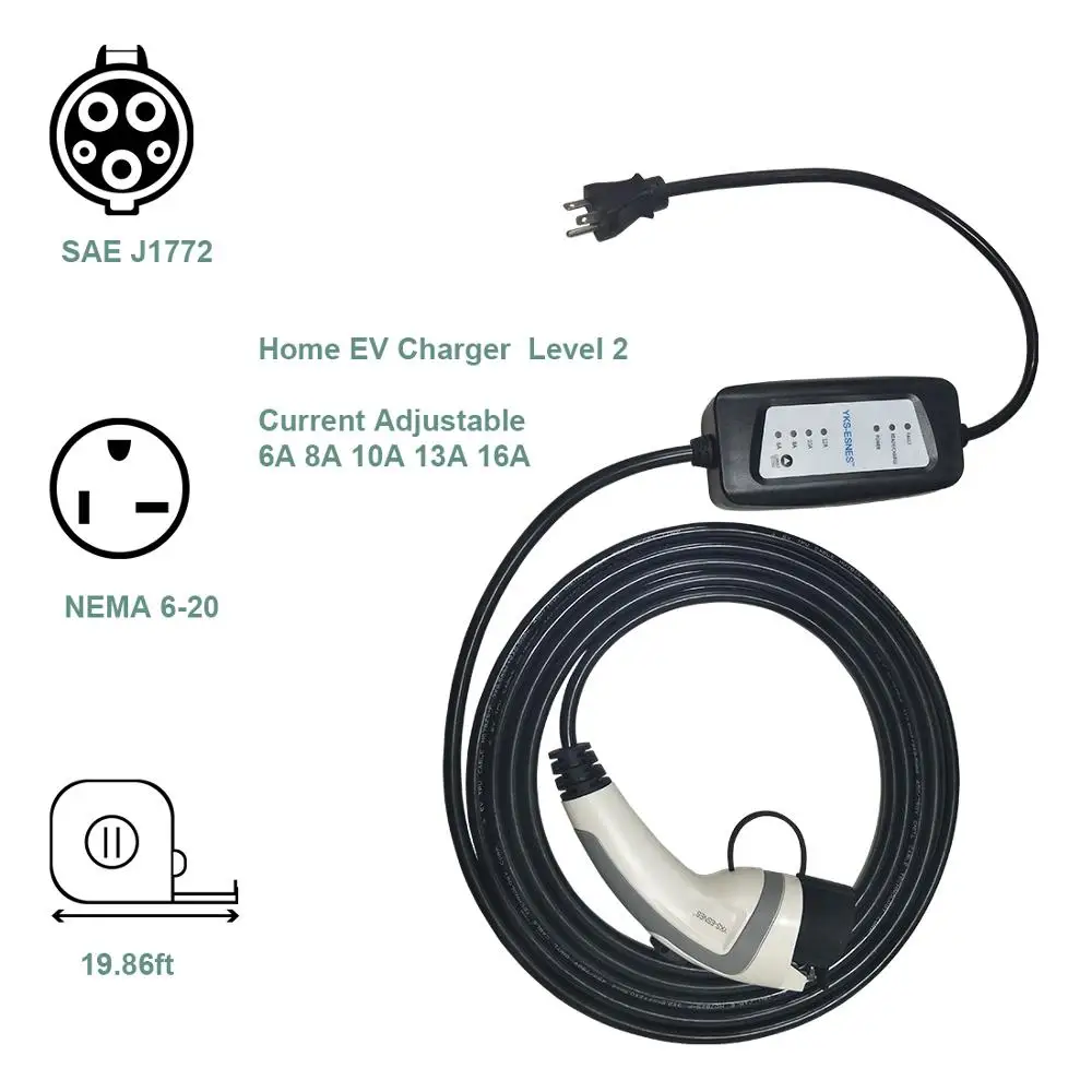 

YKS-ESNES Portable EV car Charger Type 1 Charging plug 6A-16A 5 Meters cable NEMA6-20 plug