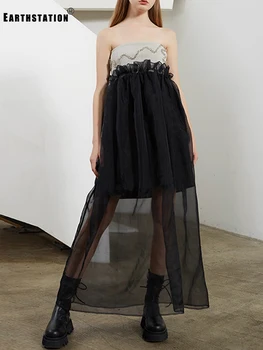 

Free shipping heavy crafts beading beading elastic waist pleated zou hit color tube top dress ladies summer new style puff skirt