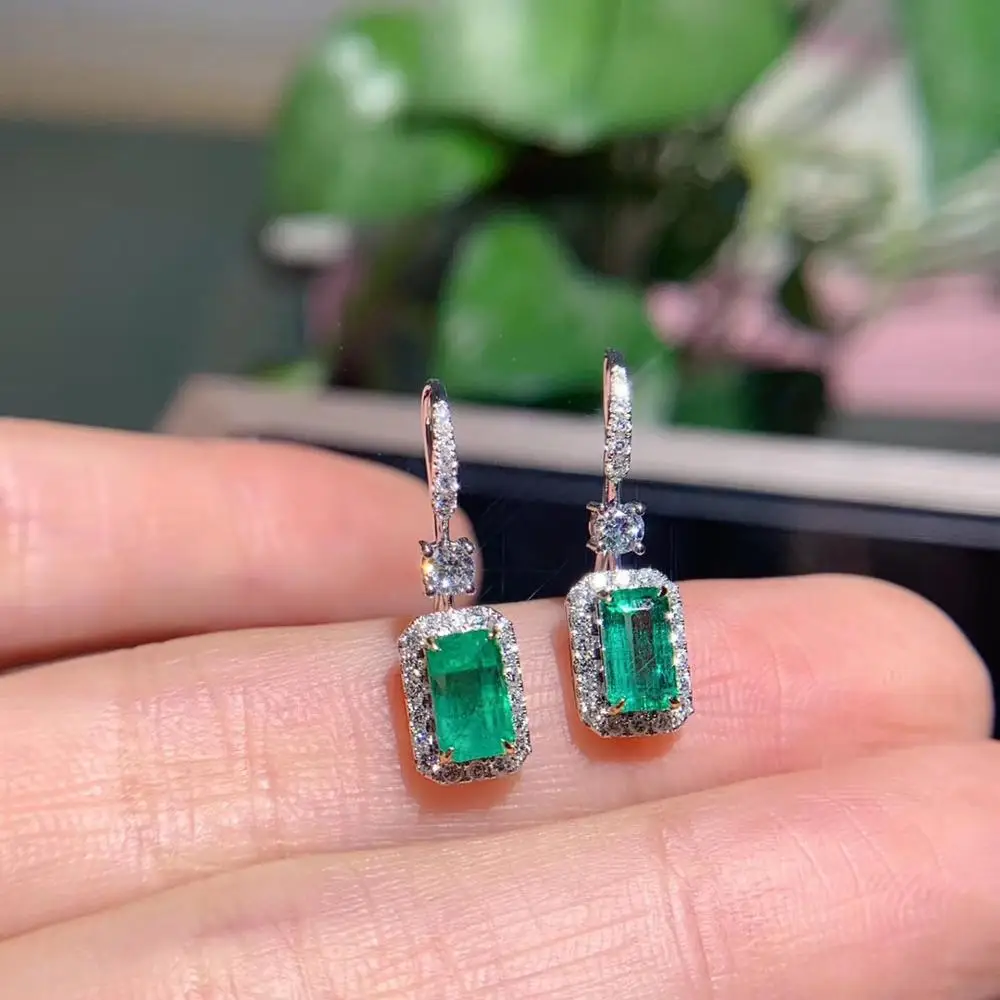 

AAA Solid 18K White Gold Natural Emerald Real Diamond Earrings 1.3ct Jewelry For Women