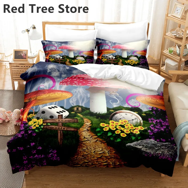 Mushroom Bedding Sets Queen King Size Spring Cartoon Plants Duvet Cover Pillowcase 2/3Pcs Bedclothes Customized Polyester Beds 