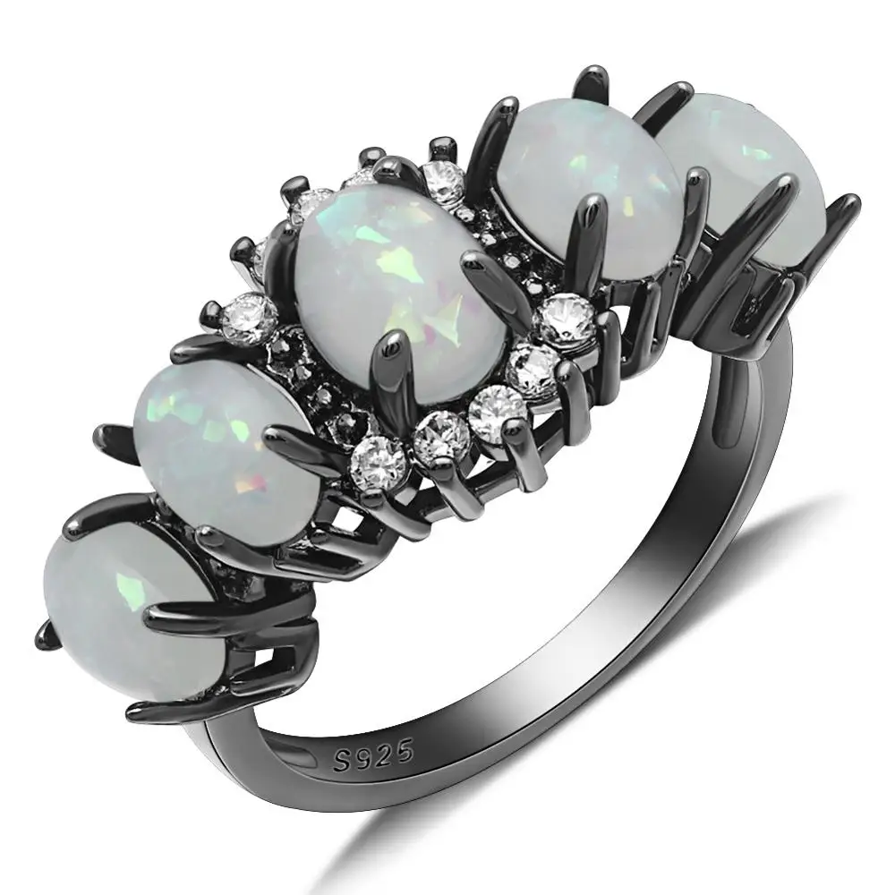 Hainon White Fire Opal Crystal Black Gold Color Rings For Women Jewelry Ring Size 6-10 Anelli Di Fidanzamento Con Zirconi Rossi Verdi