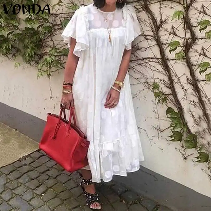 

White Dress Women Bohemian Sundress VONDA 2020 Vintage Butterfly Sleeve Hollow Party Dress Beach Casual Loose Vestido Plus Size
