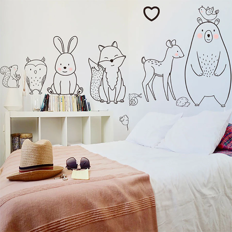 cartoon animal wall sticker Shy Bear Fox Baby Children Room Creative Nursery Decals Adhesive Home Decor Wallpaper Supply | Дом и сад