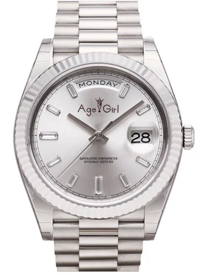 

Brand New Men Daydate Silver White Gold Diamond Black Watch Automatic Mechanical Stainless Steel Sapphire Day-date Watches 36mm