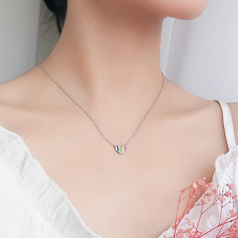 Rainbow Mini Heart Short Clavicle Chain With Earring Set 925 Sterling Silver Temperament Personality Fashion Female Necklace | Украшения и