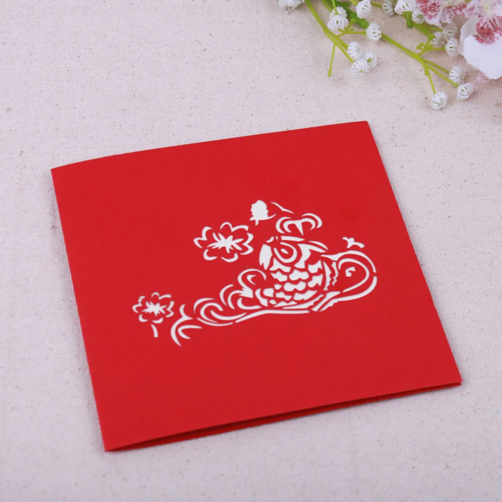 15x15cm Up Folding Gift 3D Pig Greeting Card Red Paper Carving New Year Hollowed Out Gratitude Chinese Characters Fish