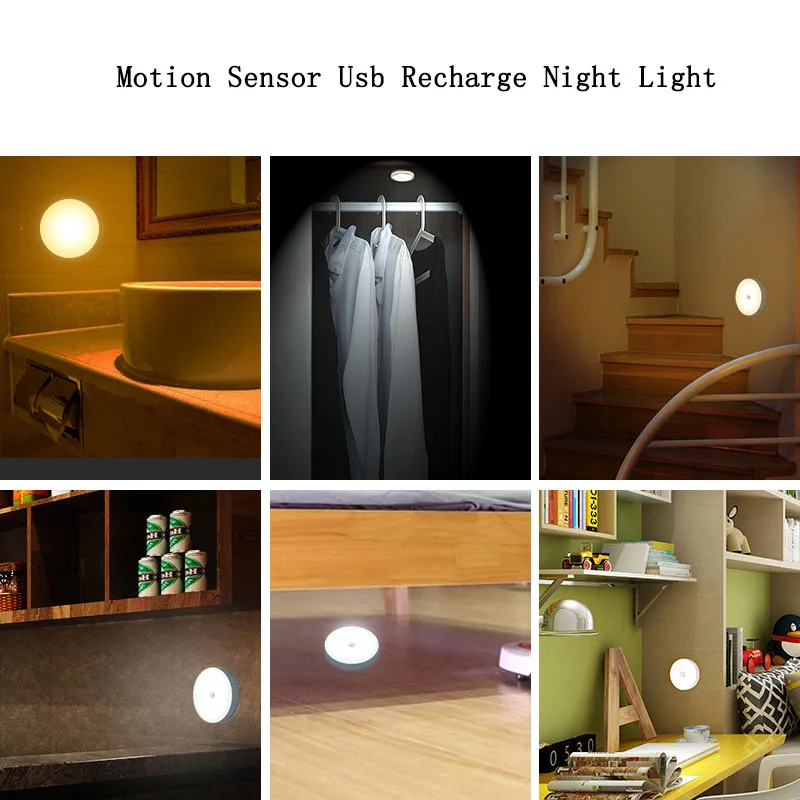 USB Rechargeable 8 LED Round Motion Sensor Night Lights Under Cabinet Light Closet Lamp Kitchen Bedroom Decoration night light lamp