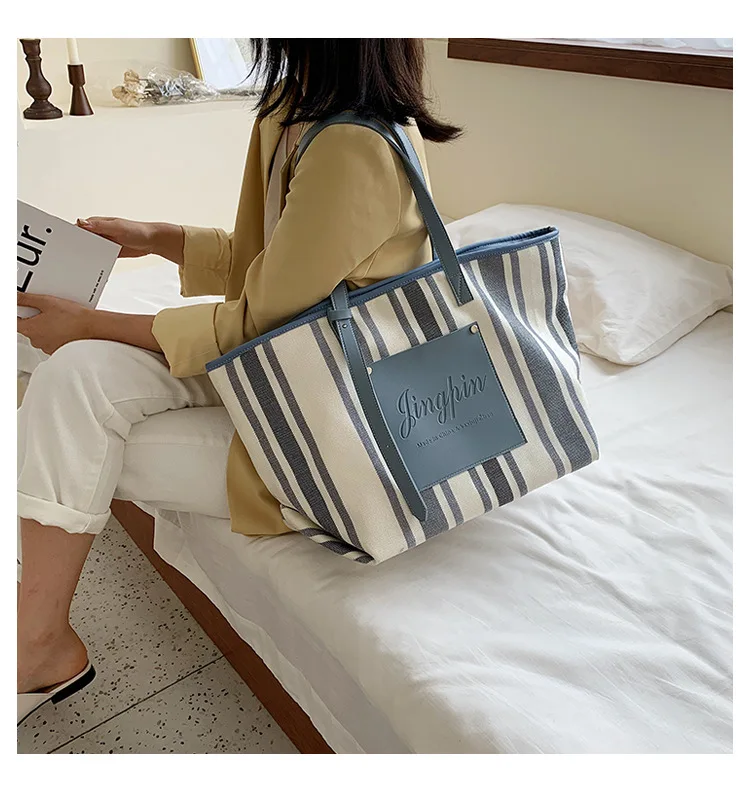 Black White Blue Stripe Handbag 2019 Extra Large Canvas Tote Bags for Women Canvas Bucket Shopper Shoulder Bag Ladies Office Bag (27)