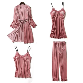 

Velvet Warm Winter Sexy Lingerie Pyjamas Women Pyjama Femme V-Neck Sexy Sleepwear Nightwear 4 Pcs Pajamas Sets Pajamas For Women