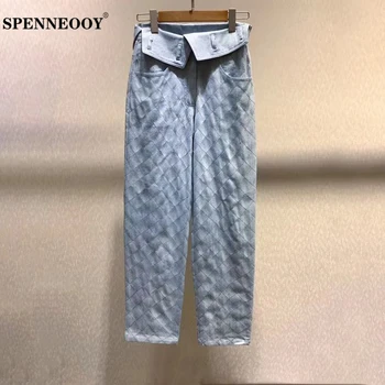 

SPENNEOOY Designer Custom Runway Female Summer Denim Cotton Length Pants Women Plaid Pattern Pockets High Street Straight Pants