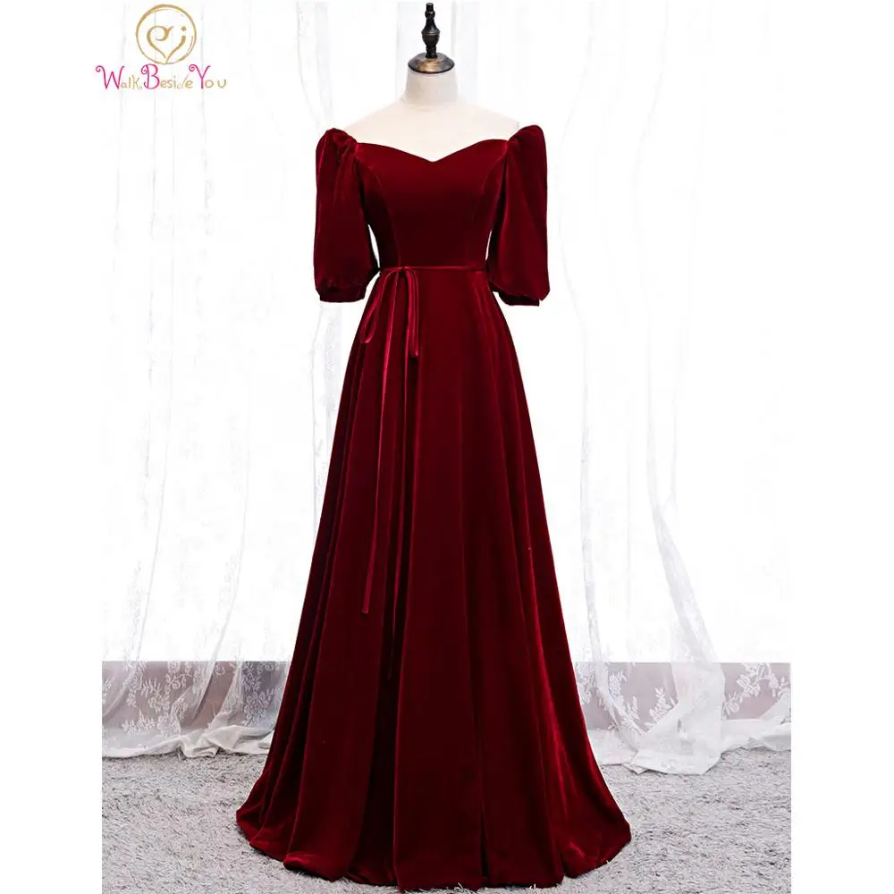 

Walk Beside You Burbundy Prom Dresses 2020 Long Off Shoulder 3/4 Sleeve Velour A Line V Neck Evening Party Gowns Elegant Women