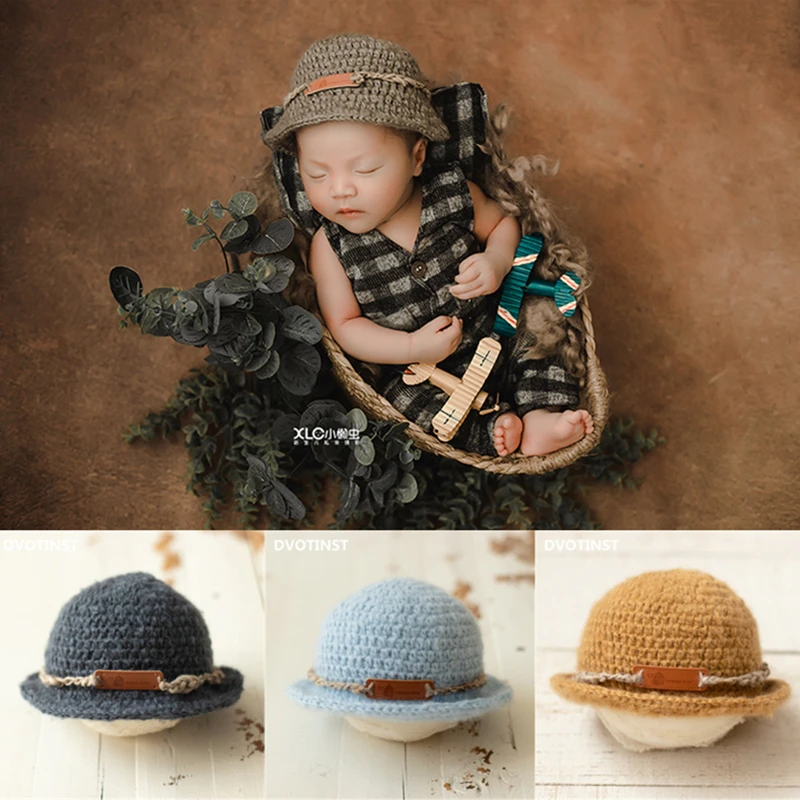 Dvotinst Newborn Baby Photography Props Soft Knit ting Fisherman Bonnet  Frilled Bowler Hat Straw Hats Studio Shoot Photo Props
