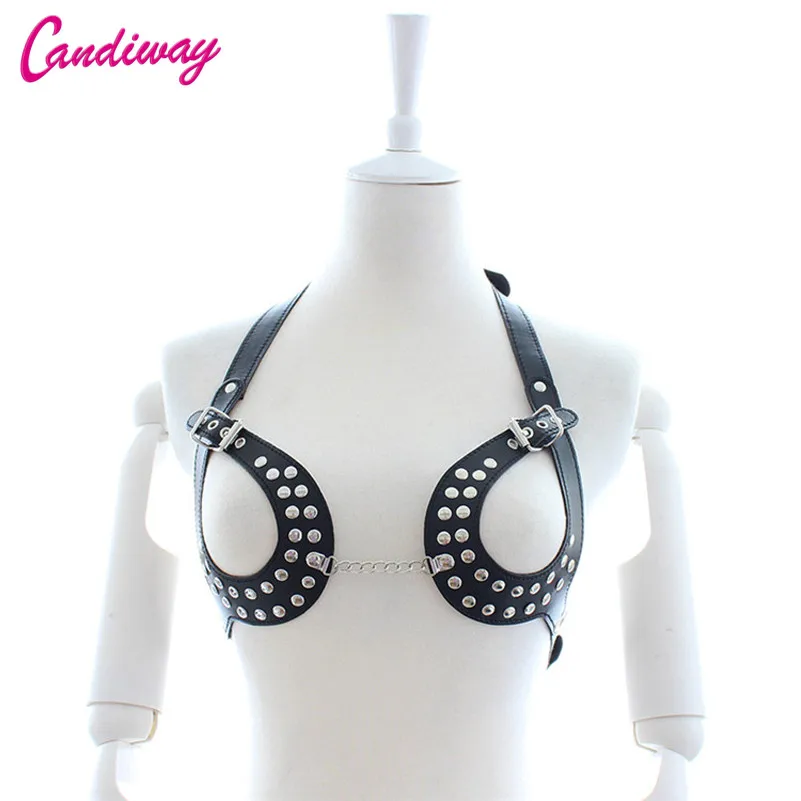 Candiway Adjustable PU leather Body Harness Fetish Slave Roleplay Bra Exposed Breast Chastity Belt Sex Products For Women |
