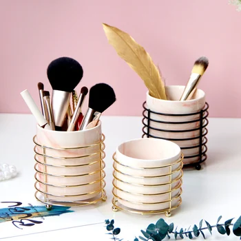 

1Pc Ceramic Makeup Brush Holder with Iron Frame Cosmetic Organizer Container Cup