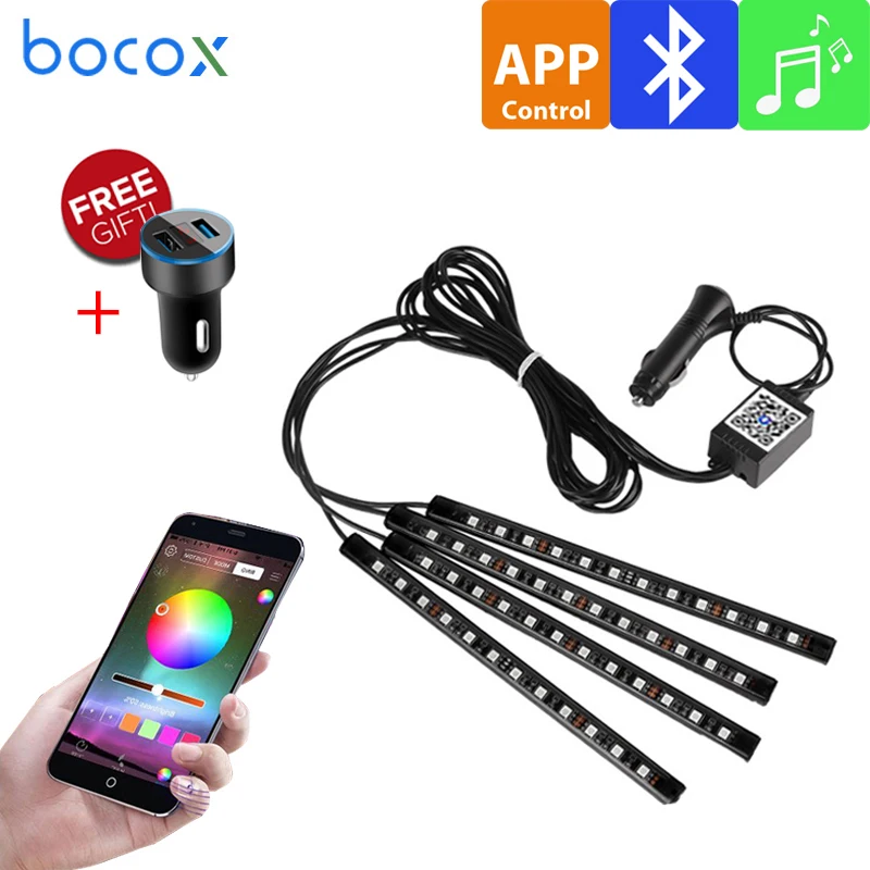 4 Pieces Interior Car RGB Bluetooth RGB APP Remote Control Roof Floor Music Voice Control Auto LED Lighting Strip LED Light