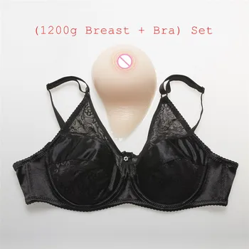 

(1200g/pair Classic Curved White Silicone Breast + Sexy Lace and Satin Pocket Bra) Mastectomy Drag Queen Boobs With Bra Set