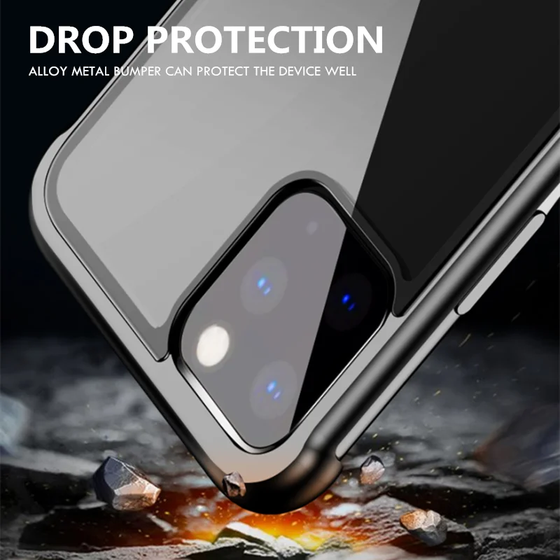 OMEVE Прозрачный чехол для iPhone 11 Pro Max металлический бампер закаленное стекло Крышка для iPhone11 Pro XS X XR 7 8 Plus без полей чехол для телефона