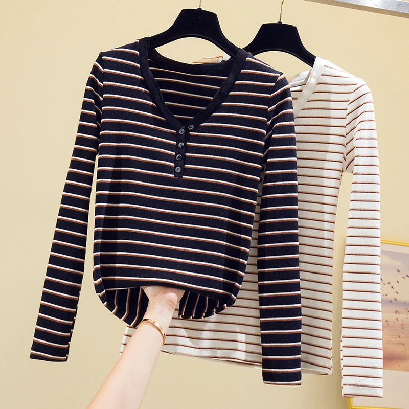

Hanging shot 7623# autumn / winter new gradient stripe high elastic thread cotton V-neck bottoming shirt women's Long Sleeve