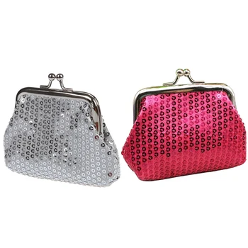 

2 Pcs Women'S Sequins Coin Purse Buckle Mini Wallet(Rose Red & Silver)