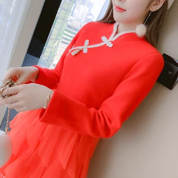 

COIGARSAM Cheongsam Patchwork Women dress Spring Full Sleeve Woolen Solid Stand Neck Mesh Zipper Dresses Red 1243