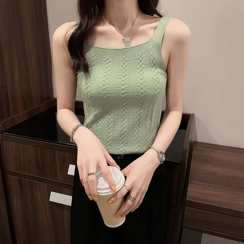 Solid Color Black and White Green Knit Camisole Top 2021 Summer Sleeveless Sexy Casual Camisole Top long camisole