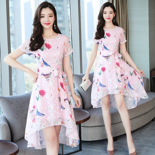 

Spring Fashion Printed Chiffon Women Dress 2019 New Style Summer Short Sleeve Round Collar Elegant Temperament Female Dresses