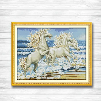 

The horses by the sea animal diy painting Counted print on canvas 14CT 11CT chinese Cross Stitch Needlework kits Embroidery Sets