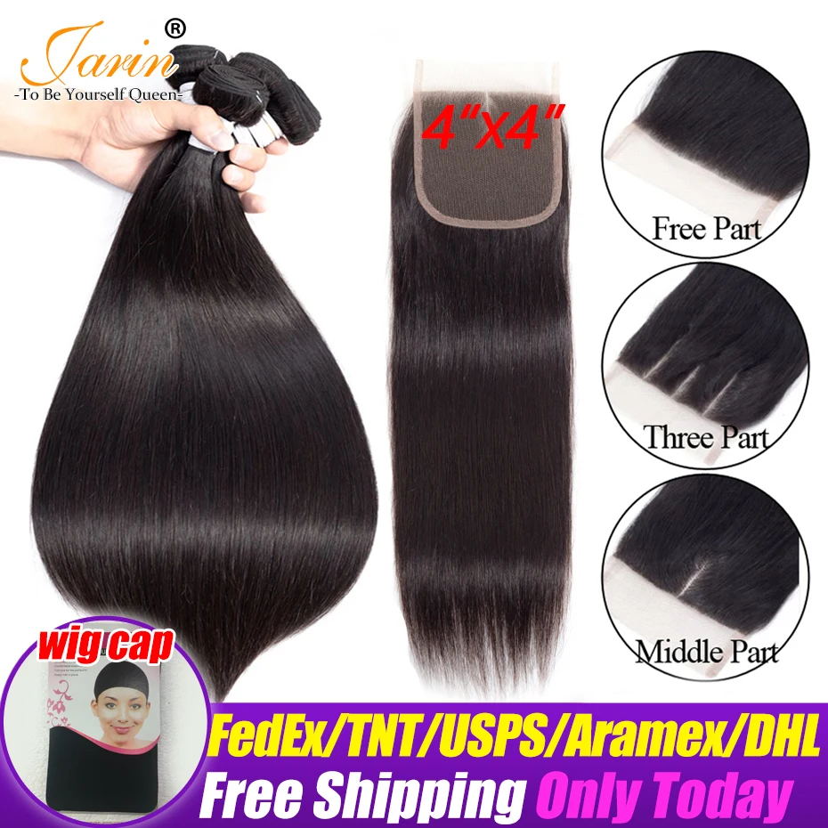 4x4 Closure Перуанские прямые волосы, 3 пряди, с Ким, на шнуровке,, Remy человеческие волосы, связка со средней частью, на шнуровке, 8-30 дюймов - Цвет: 4x4 Closure