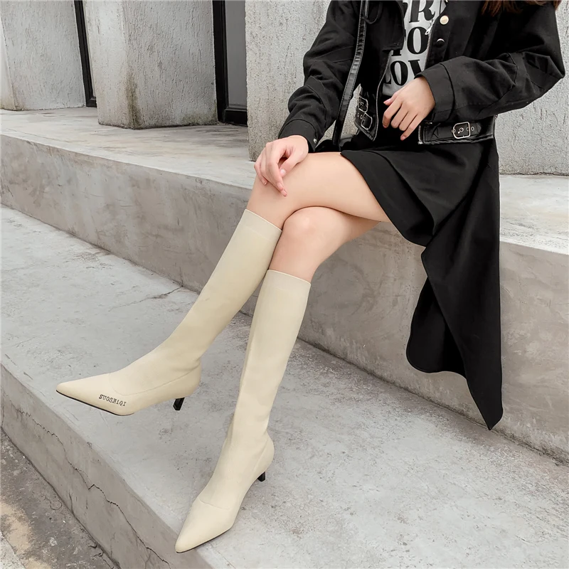 Роскошные женские носки сапоги до колена пикантные белые сапоги на высоком каблуке 5 см вязаные эластичные теплые ботфорты на низком каблуке; сезон зима-осень