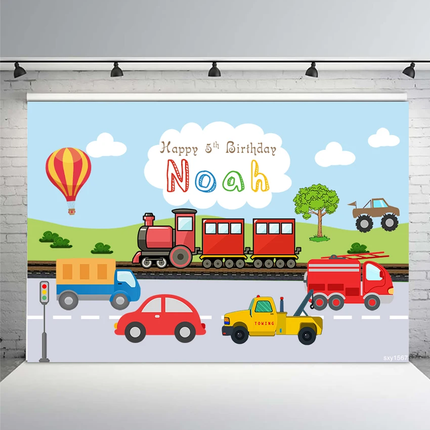 

NeoBack Boys Cars Birthday Party Backdrop for Photo Studio Custom Name Transportation Theme Backgrounds Photocall 220x150cm