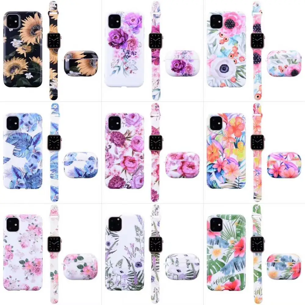 

For iphone 12 Pro Max 12 Mini IFashionable Flower Pattern Case Watch Band Strap 38MM/40MM Earphone Case For Airpods Pro