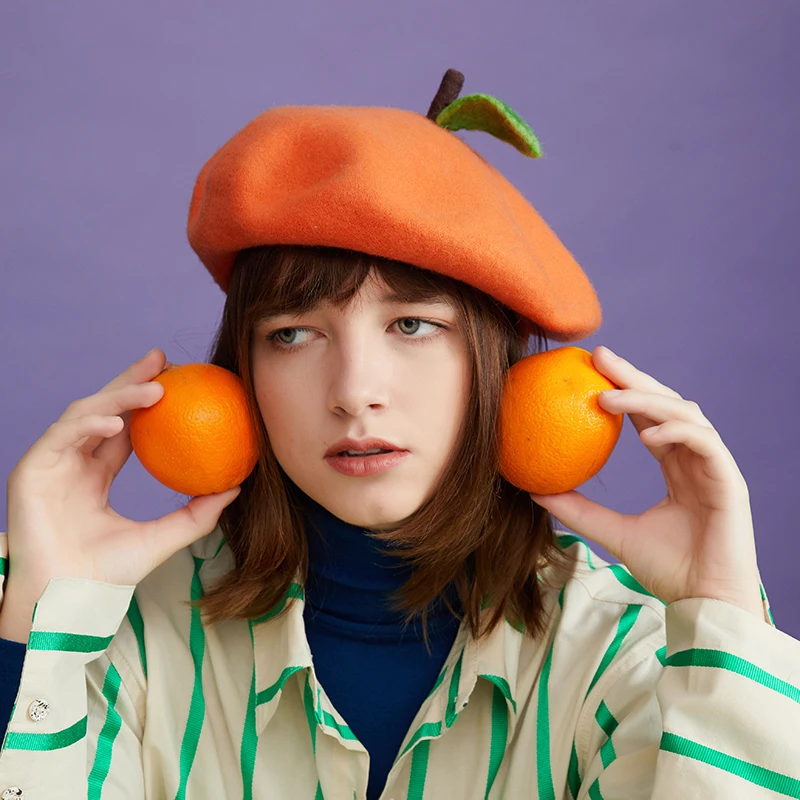 

Manual baize autumn winter sweet orange leaves beret big head circumference the contracted joker painter cap