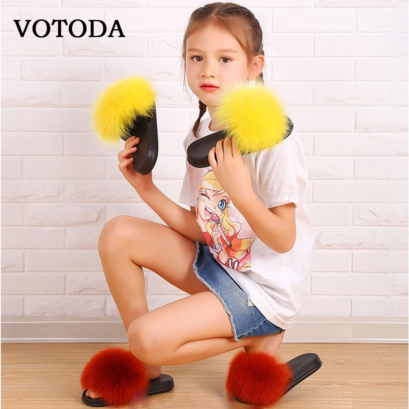 

Children Fur Slippers Kids Fur Slides Real Fox Slippers Fluffy Raccoon Sandals Flat Indoor Slippers Cute Baby Girls Plush Shoes