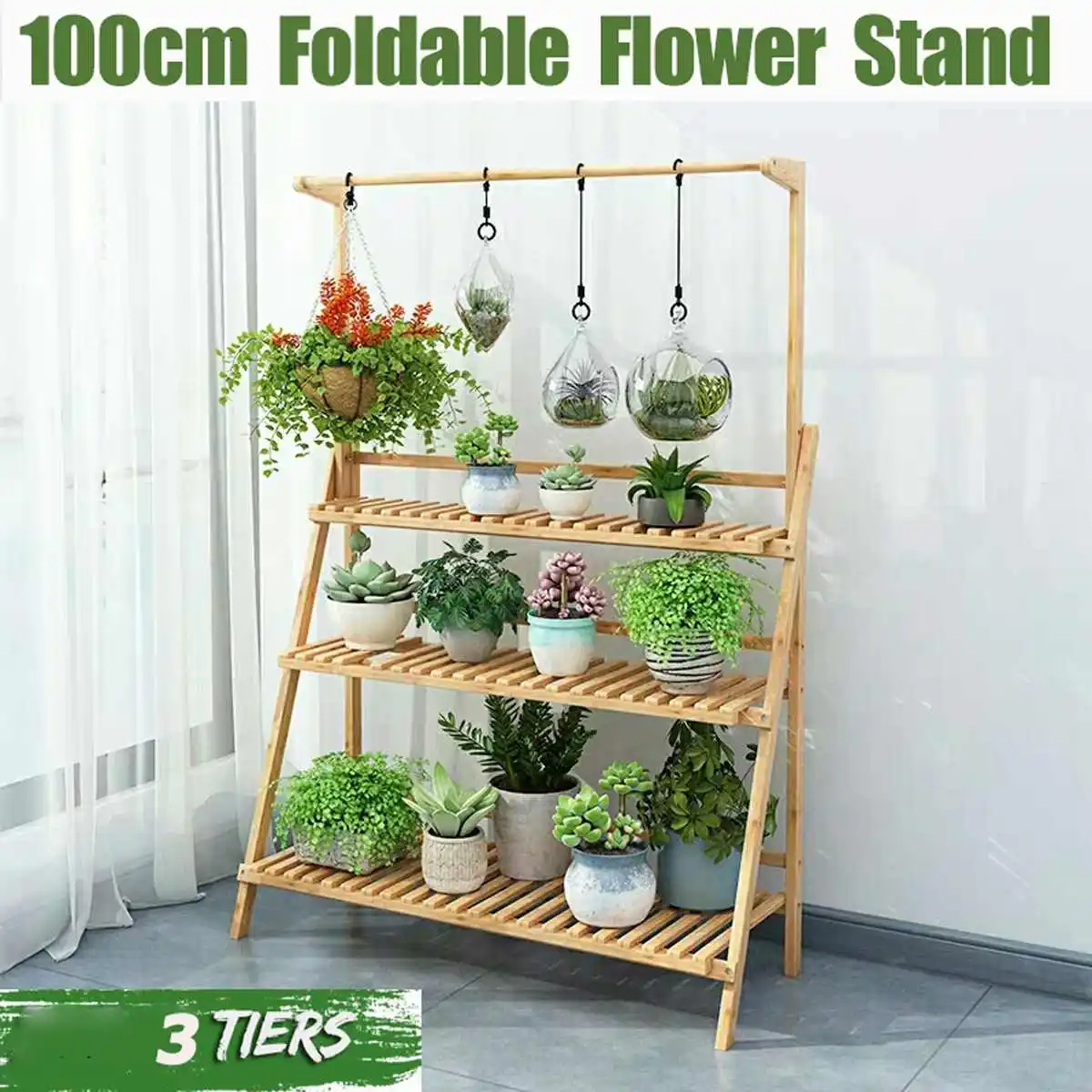 3-layer Wood Plant Shelves with Hanging Rod Bonsai Display Plant Stand Outdoor Indoor Yard Garden Flower Pot Shelf 50/70/100cm