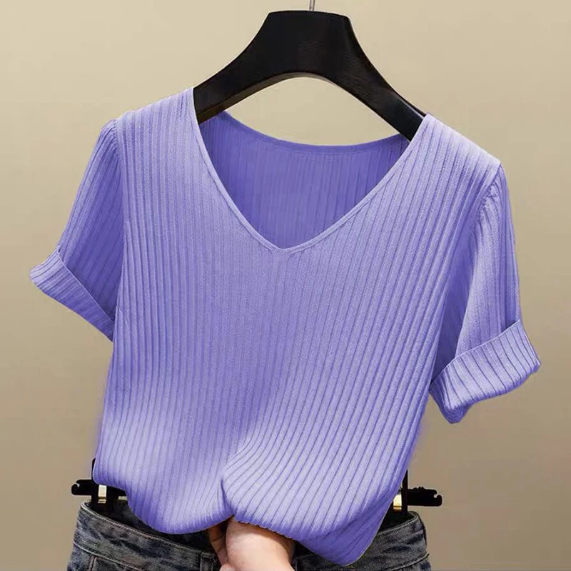 Knitted short sleeve Women V-Neck T Shirts 2025 Blue Slim Black thin knit Orange Tops Ladies Summer Camiseta Summer T shirts 5