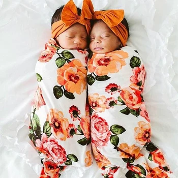 

2Pcs Floral Swadding Newborn Baby Cotton Receiving Blanet And Beanies Hats Sets Photograph Tools 0-4M