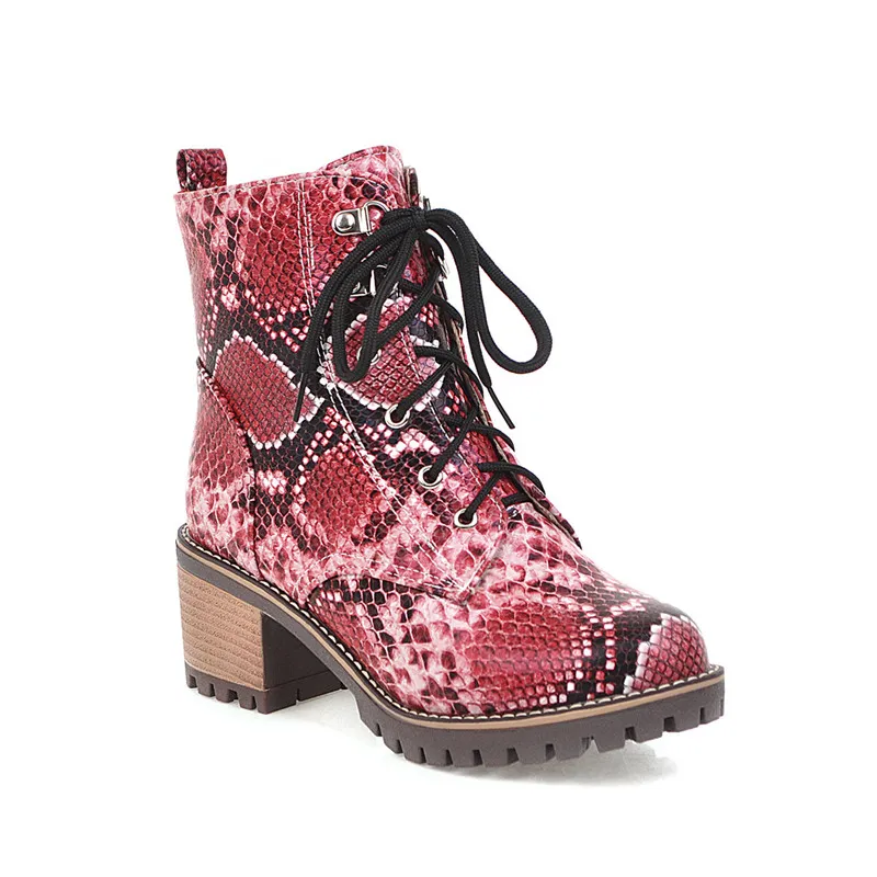 MORAZORA/ Горячая на квадратном каблуке; ботинки на платформе для женщин на осень-зиму повседневная обувь с круглым носком на шнуровке из змеиной Модные ботильоны для женщин