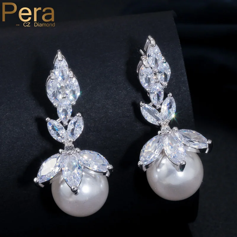 

Pera Elegant Ladies Fresh Water Pearl White Gold Color Marquise Shape Cubic Zirconia Long Earrings For Mother's Day Gift E342